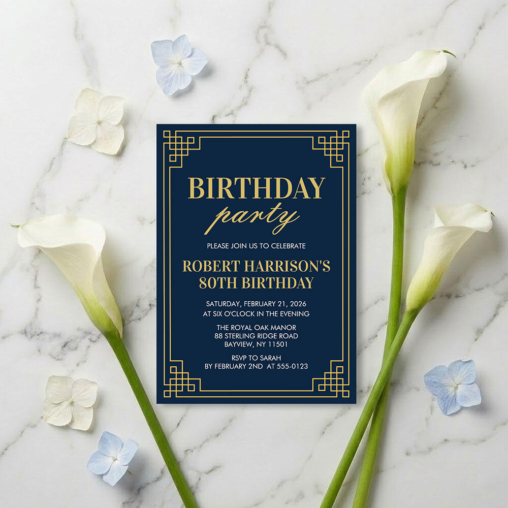 Matching Navy and Gold 80th Birthday Party Stationery Suite Complete 80th birthday party decor set for men, including custom wine labels, dinner menus, and welcome signs in classic navy blue and gold Art Deco style.