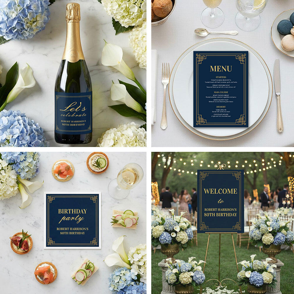 Sophisticated Navy and Gold 80th Birthday Invite Luxury 80th birthday invitation for men, elegant navy blue and gold design, masculine Art Deco style, customizable stationery suite.